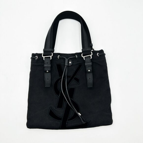Yves Saint Laurent Rive Gauche YSL Velvet-Trimmed Denim Kahala Tote Purse Bag - Picture 1 of 14